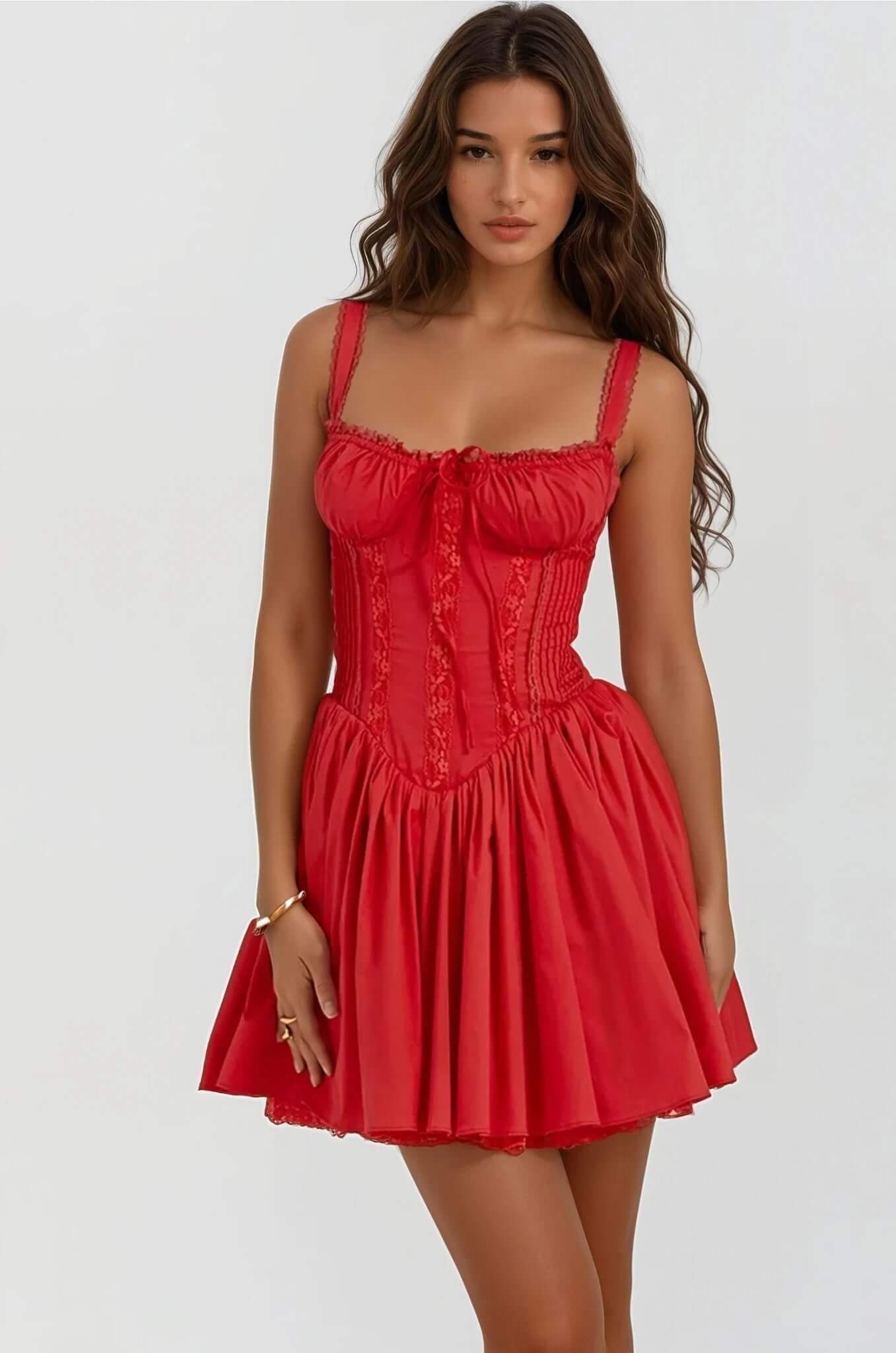 Red mini dress featuring a fitted bodice and flowy skirt, perfect for parties, summer events, or stylish casual outings.