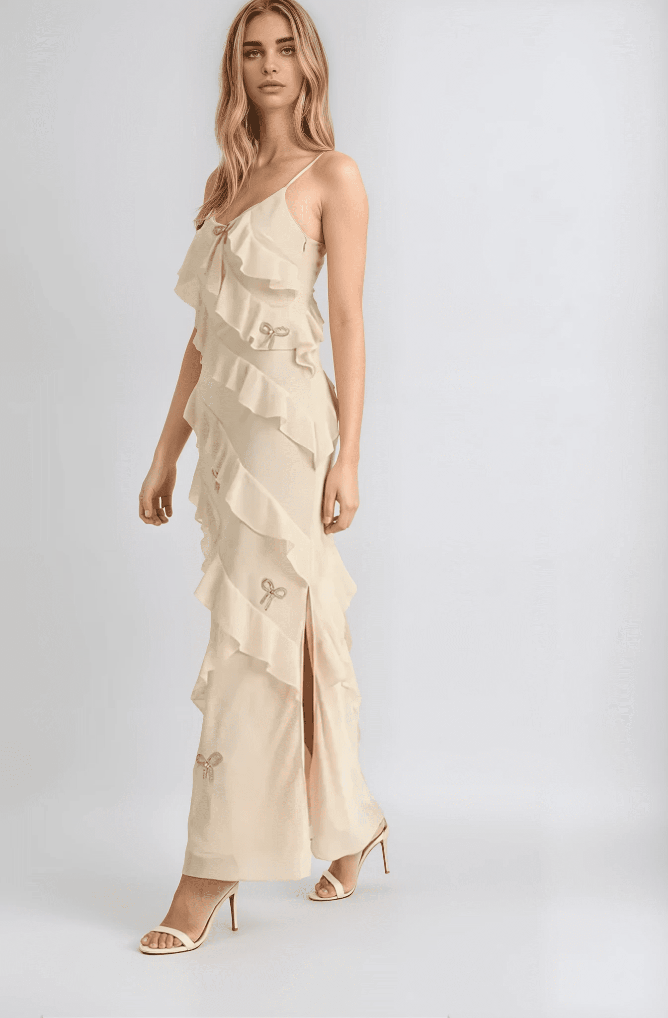 Ethereal Elodie Maxi Dress in creamy champagne with delicate ruffles and side slit, ideal for weddings and formal events.