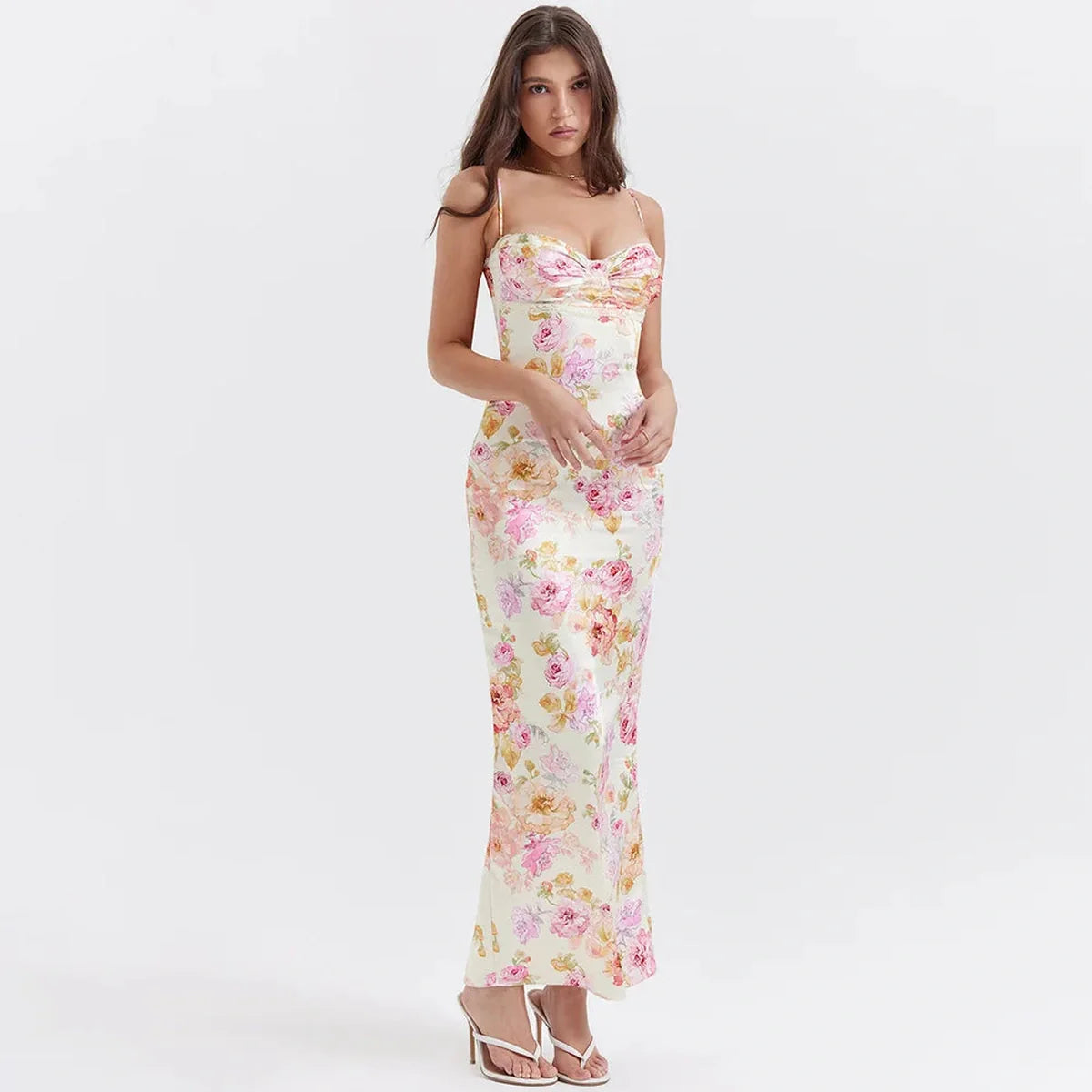 Elodie Maxi Dress in floral print, featuring a bodycon silhouette, perfect for summer occasions and special events.