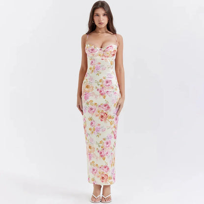 Elodie Maxi Dress featuring a floral print, bodycon silhouette, perfect for summer weddings and special occasions.