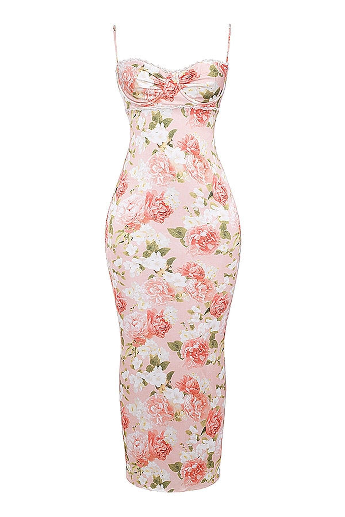 Elodie Maxi Dress in floral print, bodycon silhouette perfect for weddings, prom, and summer occasions.