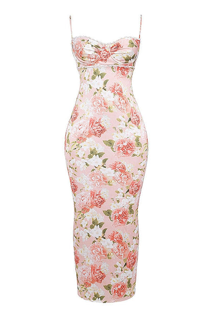Elodie Maxi Dress in floral print, bodycon silhouette perfect for weddings, prom, and summer occasions.