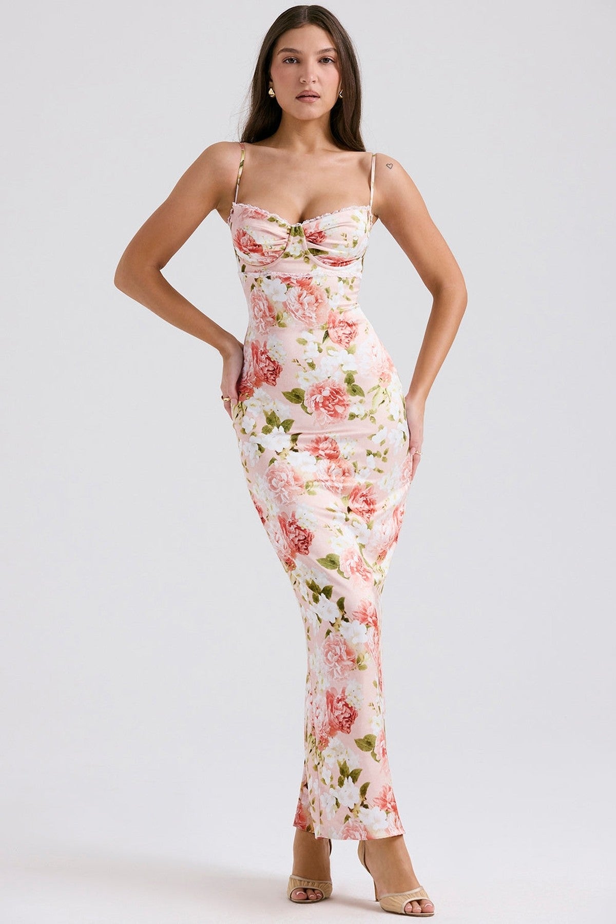 Elodie Maxi Dress featuring a floral print and bodycon silhouette, perfect for summer weddings or special occasions.