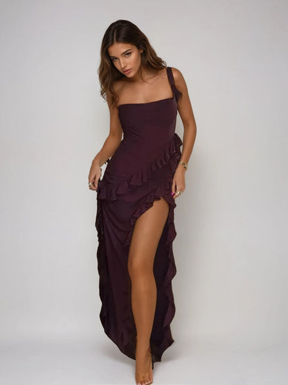 Elodie Women's Ruffled Maxi Dress in deep burgundy, featuring a square neckline and an asymmetrical high slit for an elegant look.