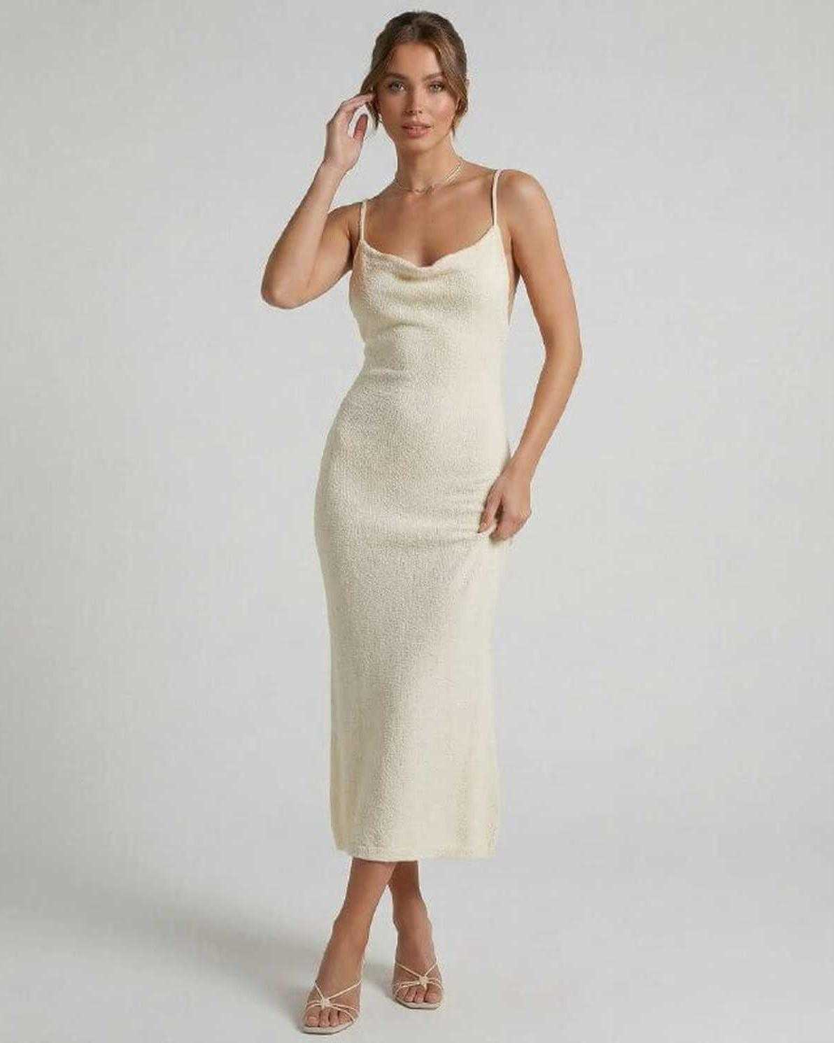 Elowen Midi Dress by Lauven, cream spaghetti strap dress with elegant slim silhouette and flattering fit.