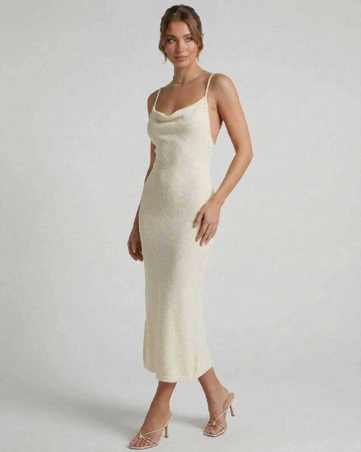 Elowen Midi Dress by Lauven – Cream spaghetti strap dress with elegant slim silhouette.