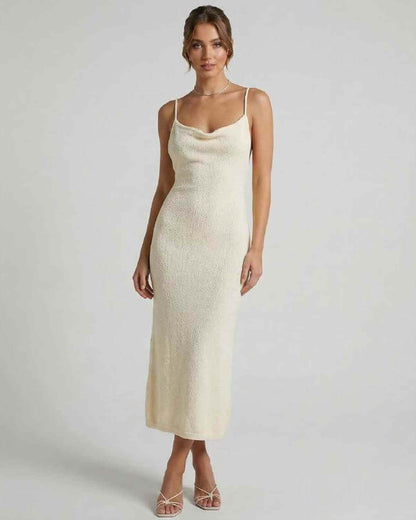 Elowen Midi Dress by Lauven - Cream Spaghetti Strap Midi Dress with Elegant Slim Silhouette