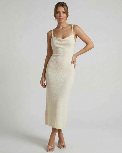 Elowen Midi Dress by Lauven - Cream spaghetti strap midi dress with elegant slim silhouette.