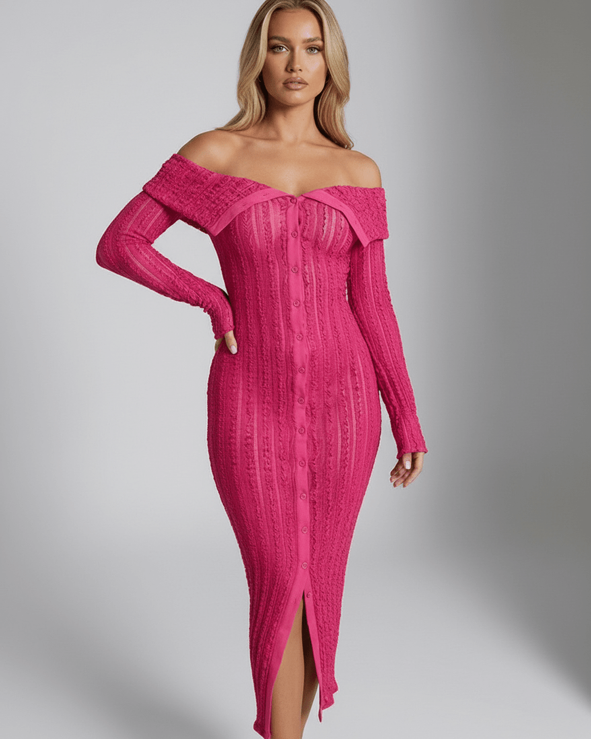 Elowen Midi Dress: Pink dress with off shoulder neckline, long sleeves, bodycon fit by Lauven, blend of softness and bold femininity.