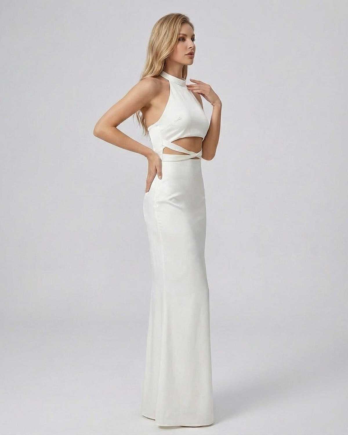 Elysia Maxi Dress by Lauven, sleek halter neck bodycon dress in solid white with modern cutout waist detail.