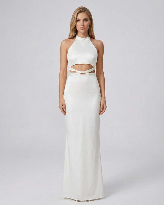 Elysia Maxi Dress by Lauven - Halter neck bodycon dress in solid white with modern cutout waist detail.