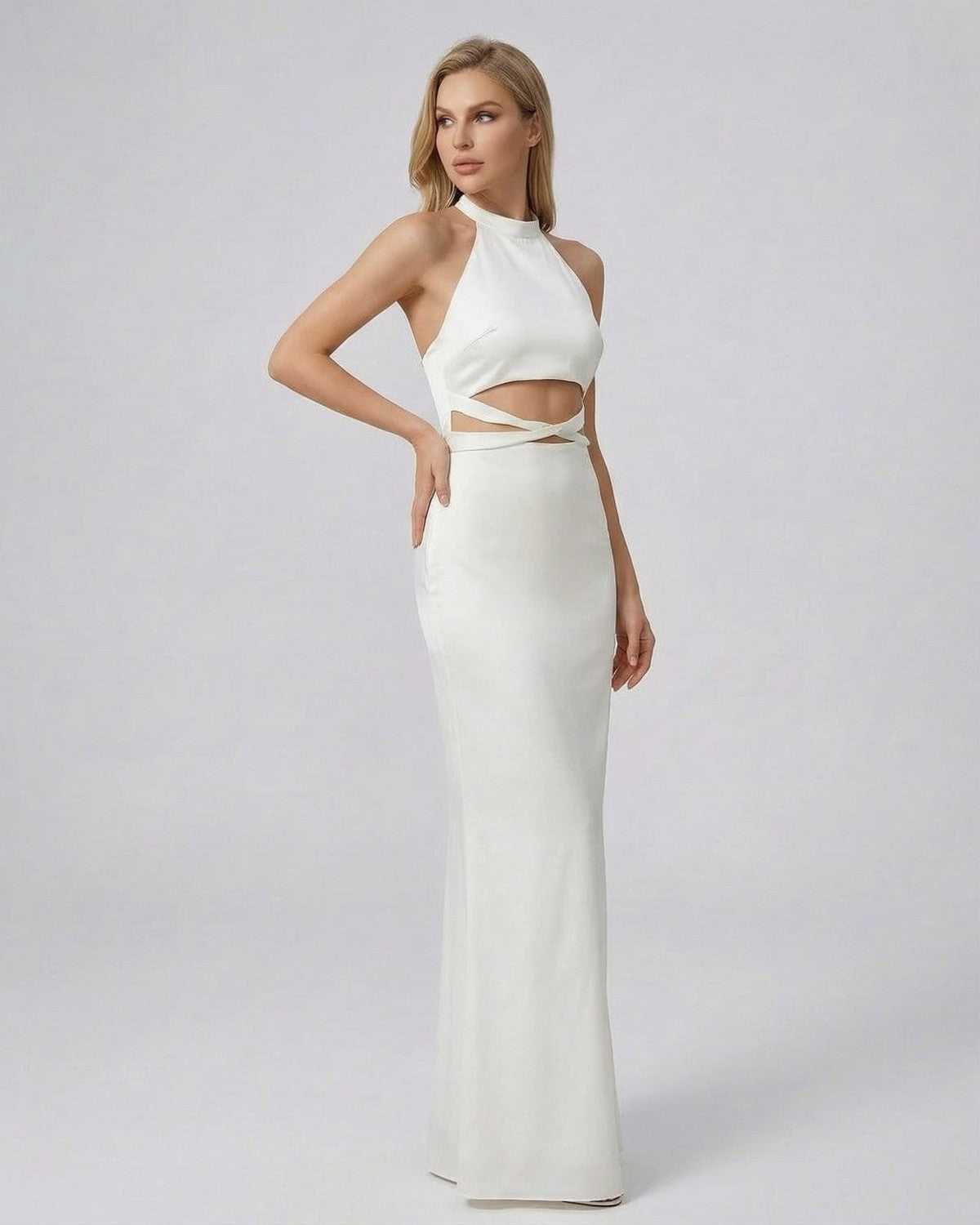 Elysia Maxi Dress by Lauven - Halter neck bodycon maxi dress in solid white with cutout waist detail.