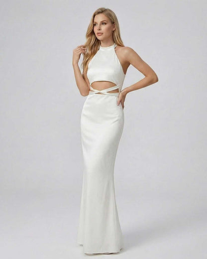 Elysia Maxi Dress by Lauven featuring a halter neck design and modern cutout waist in solid white.