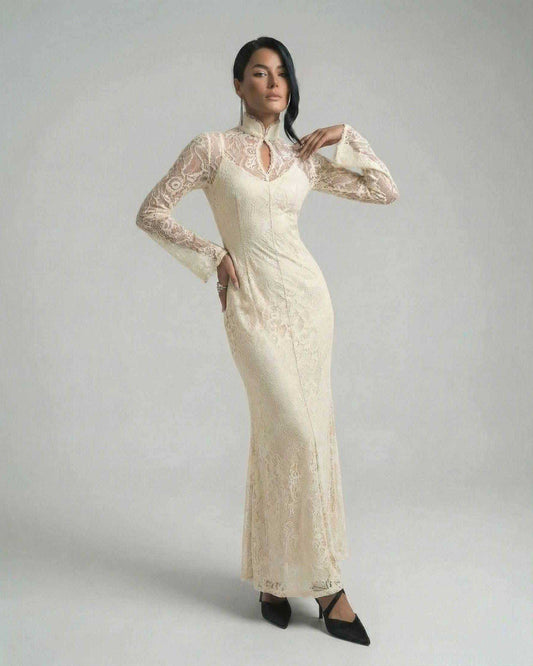 Elegant Elysia Maxi Dress by Lauven with lace detailing and structured stand collar.