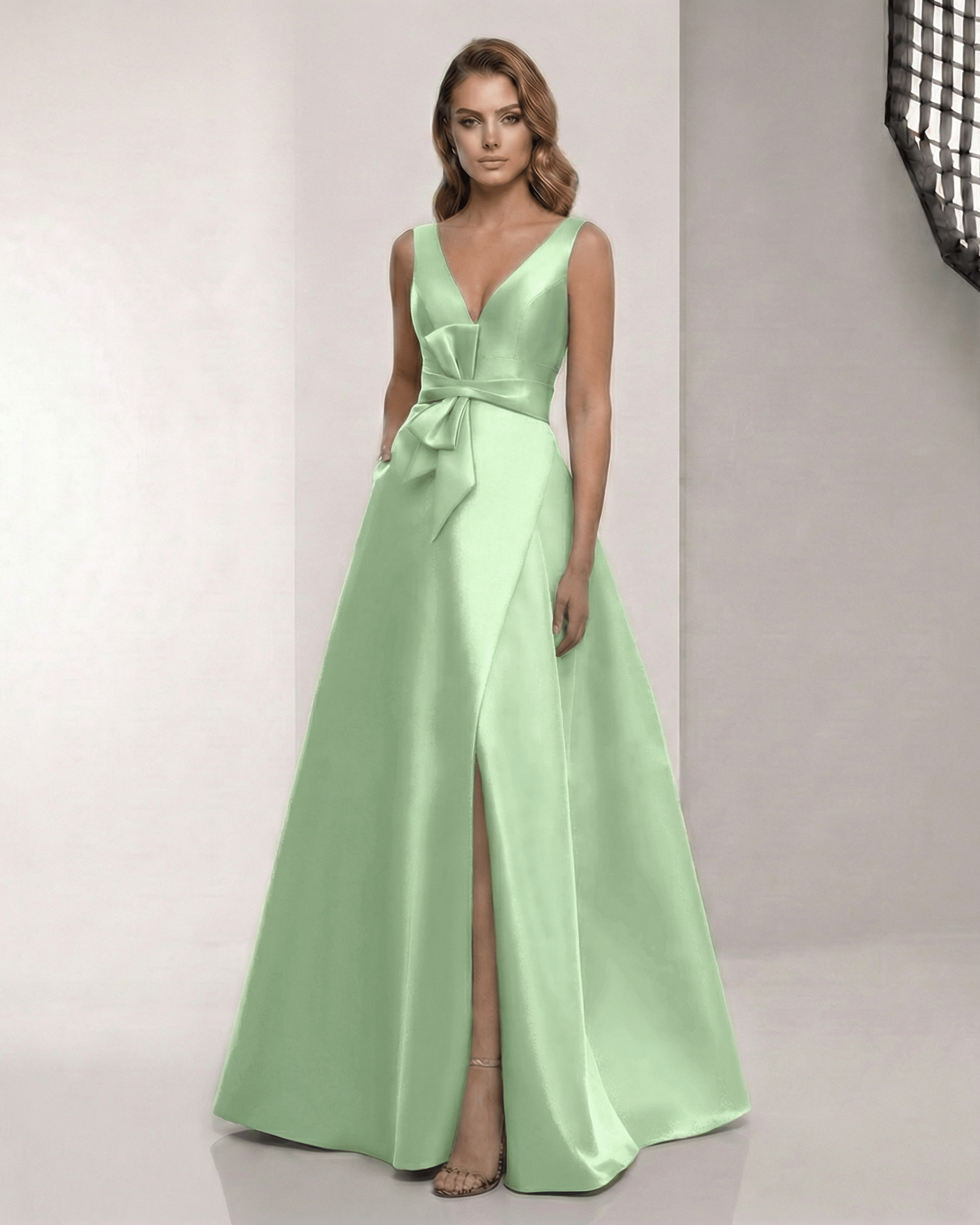 Elysia Maxi Dress - Satin A-Line in soft green with V-Neck, elevating elegance for formal occasions by Lauven.