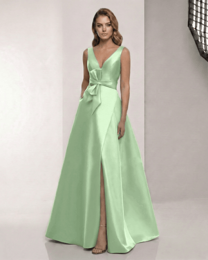 Elysia Maxi Dress - Satin A-Line in soft green with V-Neck, elevating elegance for formal occasions by Lauven.