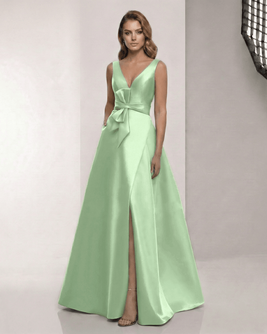 Elysia Maxi Dress - Satin A-Line in soft green with V-Neck, elevating elegance for formal occasions by Lauven.