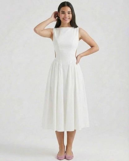 Elysia Midi Dress by Lauven, elegant A-Line midi dress with open back detail in white, perfect for special occasions.