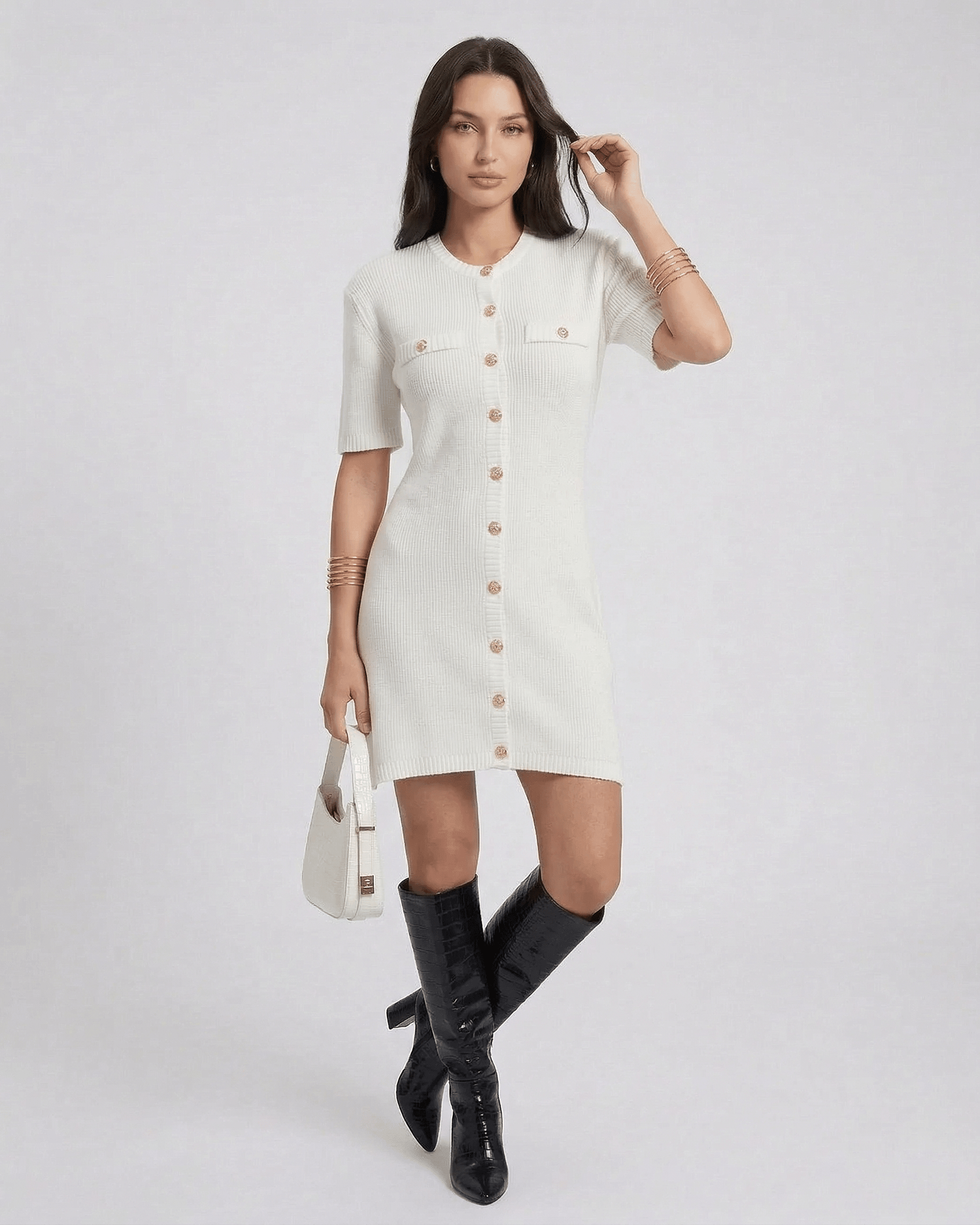 Elysia Mini Dress by Lauven featuring a chic button closure and half sleeves, ideal for casual elegance.