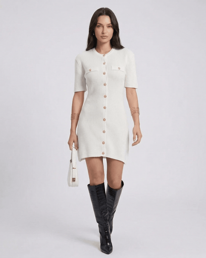 Elysia Mini Dress by Lauven featuring button closure and short sleeves, showcasing casual knit elegance.