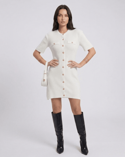 Model wearing Elysia Mini Dress by Lauven featuring button closure and casual knit design.