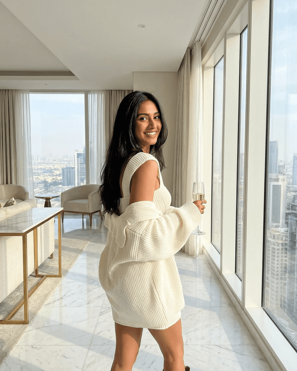 Elysia Mini Dress by Lauven displayed on a model, showcasing the chic fitted knit bodycon style in a bright interior.