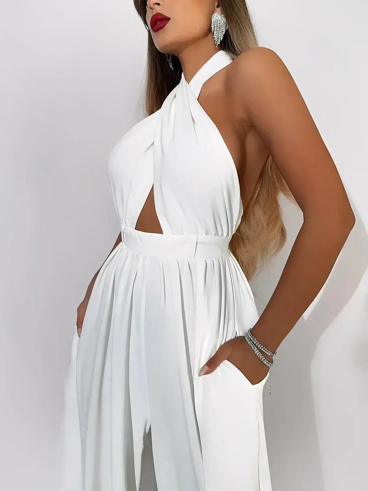 Elysian Jumpsuit by Lauven - Halter neck, cut-out bodice, white wide-leg elegance, perfect for summer soirées.