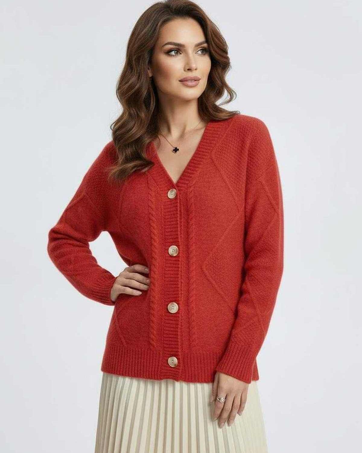 Ember Cardigan by Lauven in vibrant red with long sleeves and button-down front, ideal for stylish layering.