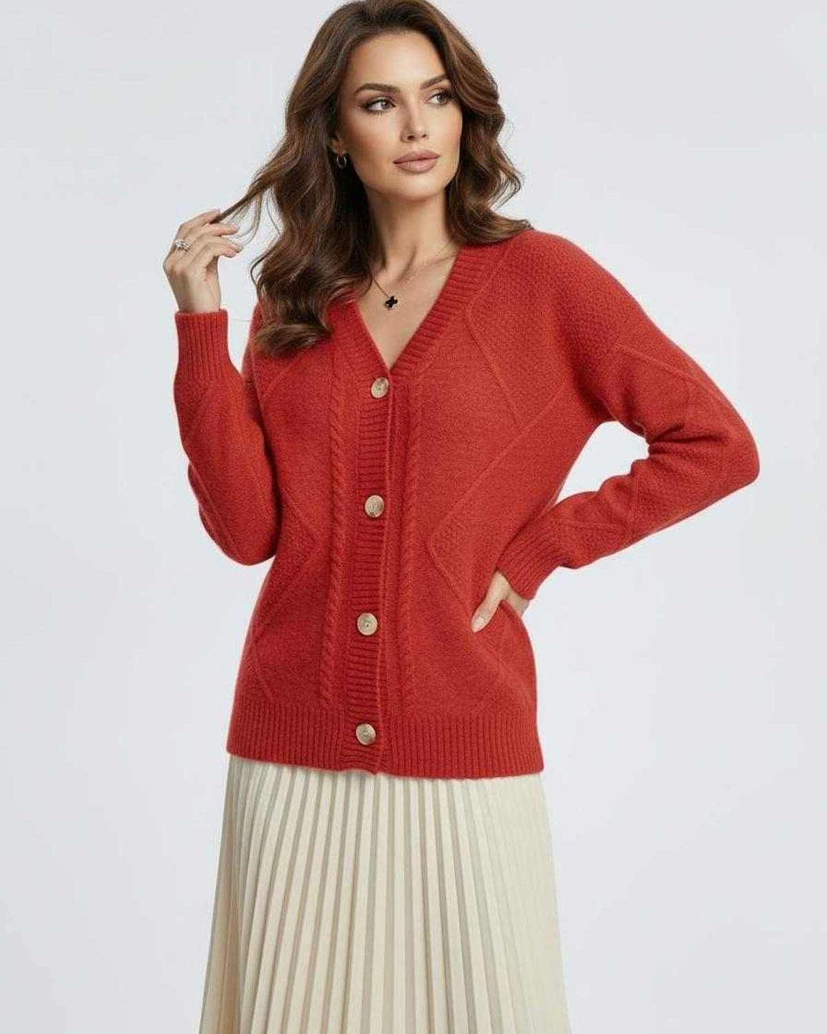 Ember Cardigan by Lauven, vibrant red knitwear with long sleeves and button-down front, perfect for any occasion.
