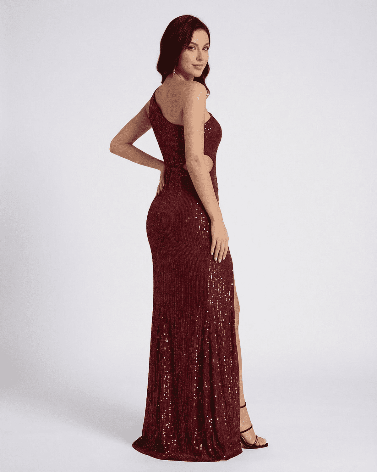 Ember Maxi Dress by Lauven, featuring sequins, one-shoulder design, and a bold thigh-high slit.