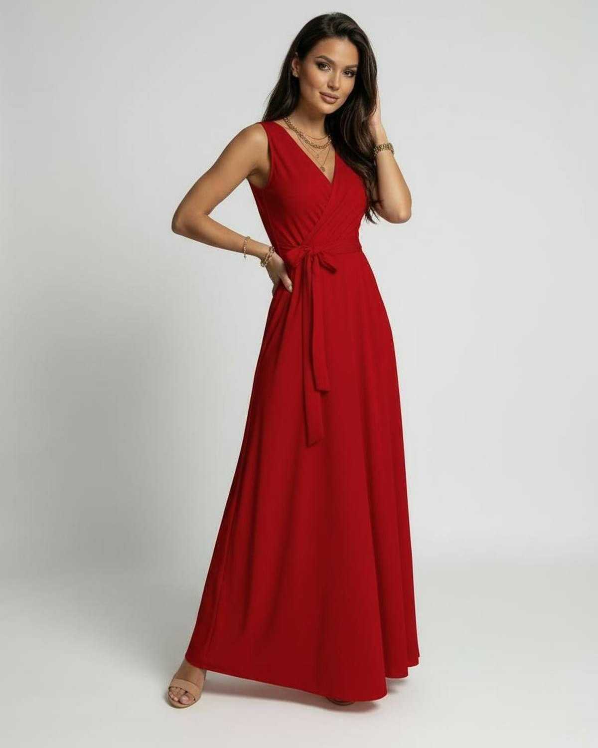 Lauven Ember Maxi Dress in vibrant red with classic V-neck silhouette and wrap-style design