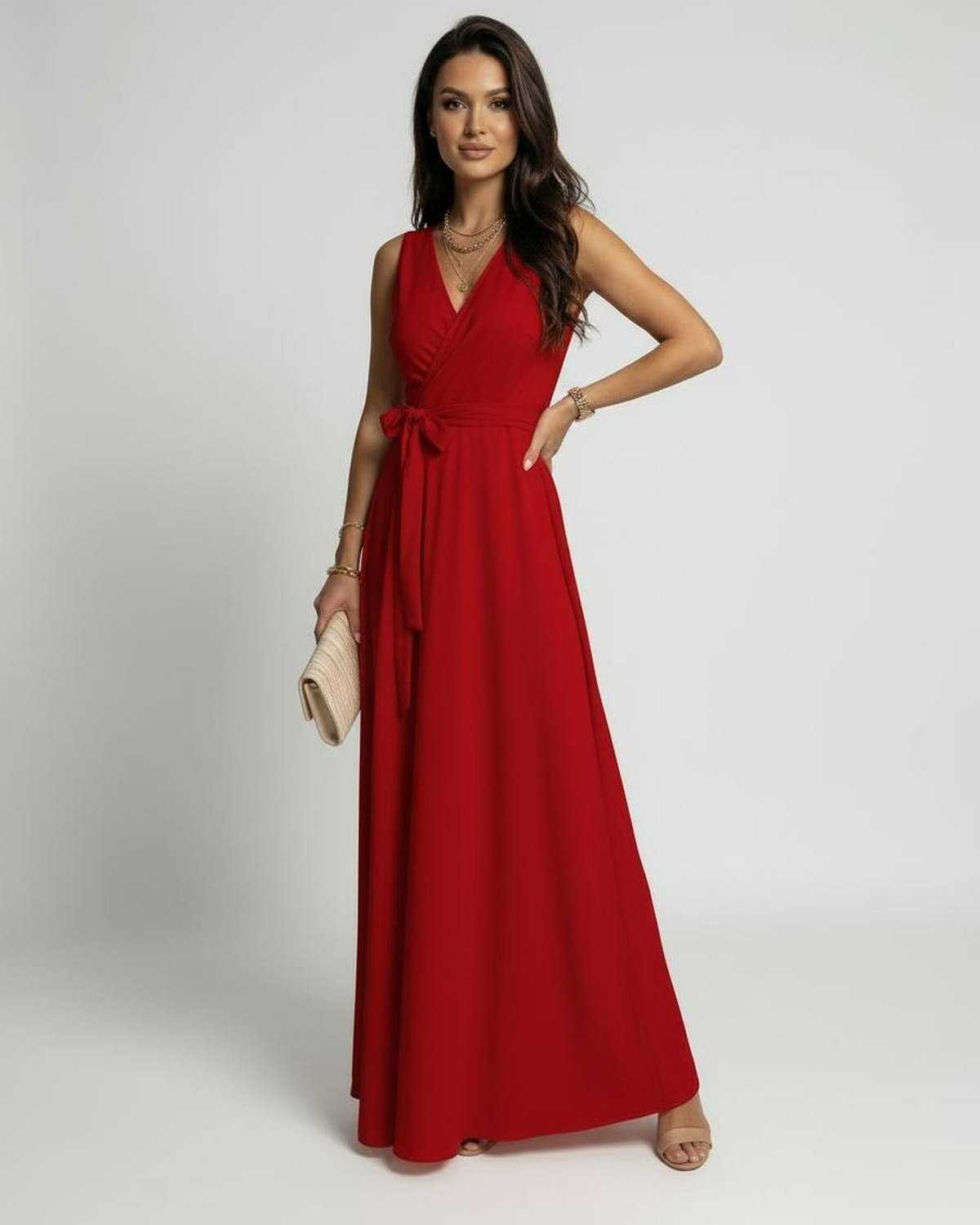 Ember Maxi Dress by Lauven in vibrant red with V-neck and tie waist detail for elegant occasions.