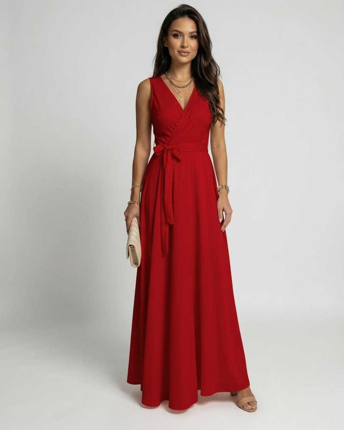 Ember Maxi Dress by Lauven in vibrant red with a classic V-neck and wrap style, perfect for any occasion.
