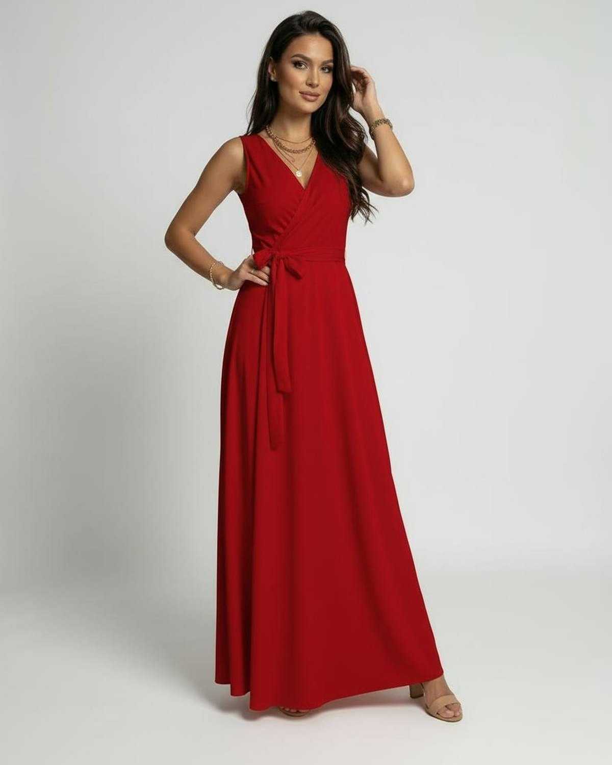 Lauven Ember Maxi Dress in vibrant red with a classic V-neck silhouette, featuring a flattering wrap-style design.
