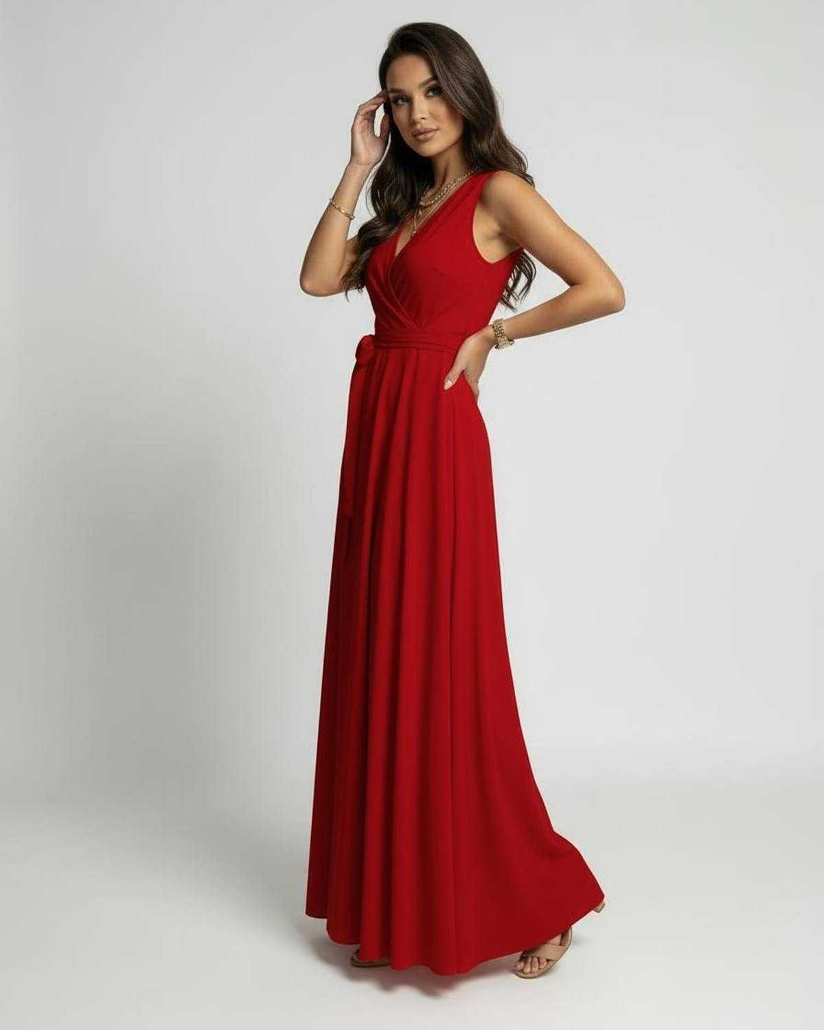Ember Maxi Dress by Lauven in vibrant red with classic V-neck silhouette and flowing maxi length.