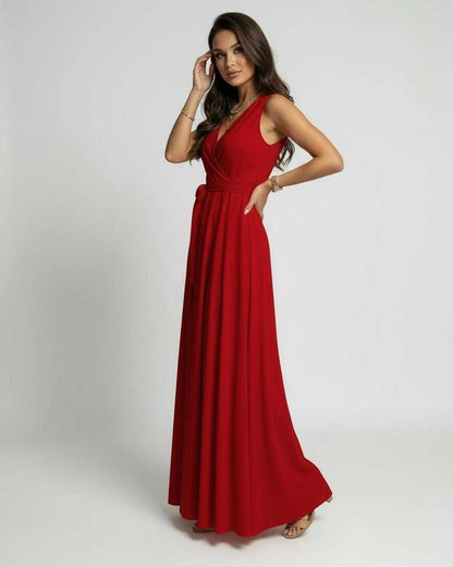Ember Maxi Dress by Lauven in vibrant red with classic V-neck silhouette and flowing maxi length.