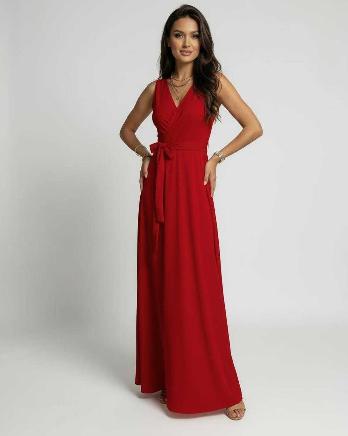 Ember Maxi Dress by Lauven in vibrant red with classic V-neck and flowing silhouette for elegant style.