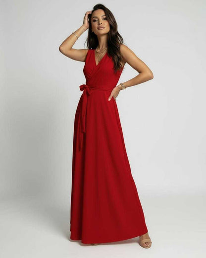 Ember Maxi Dress by Lauven in vibrant red, featuring a classic V-neck and flattering wrap design.