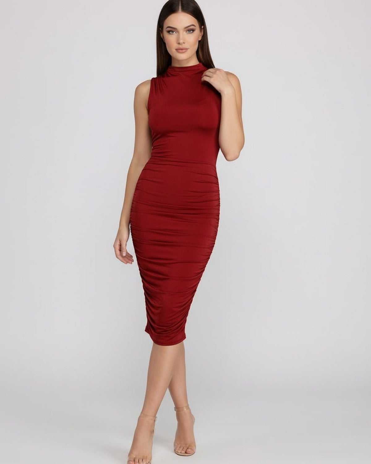 Ember Midi Dress by Lauven, sophisticated ruched knit dress with mock neck in elegant red.