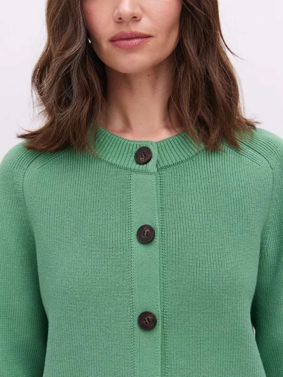 Emerald Cardigan by Lauven, featuring a button-up design in fresh green with a textured knit and stylish round neckline.