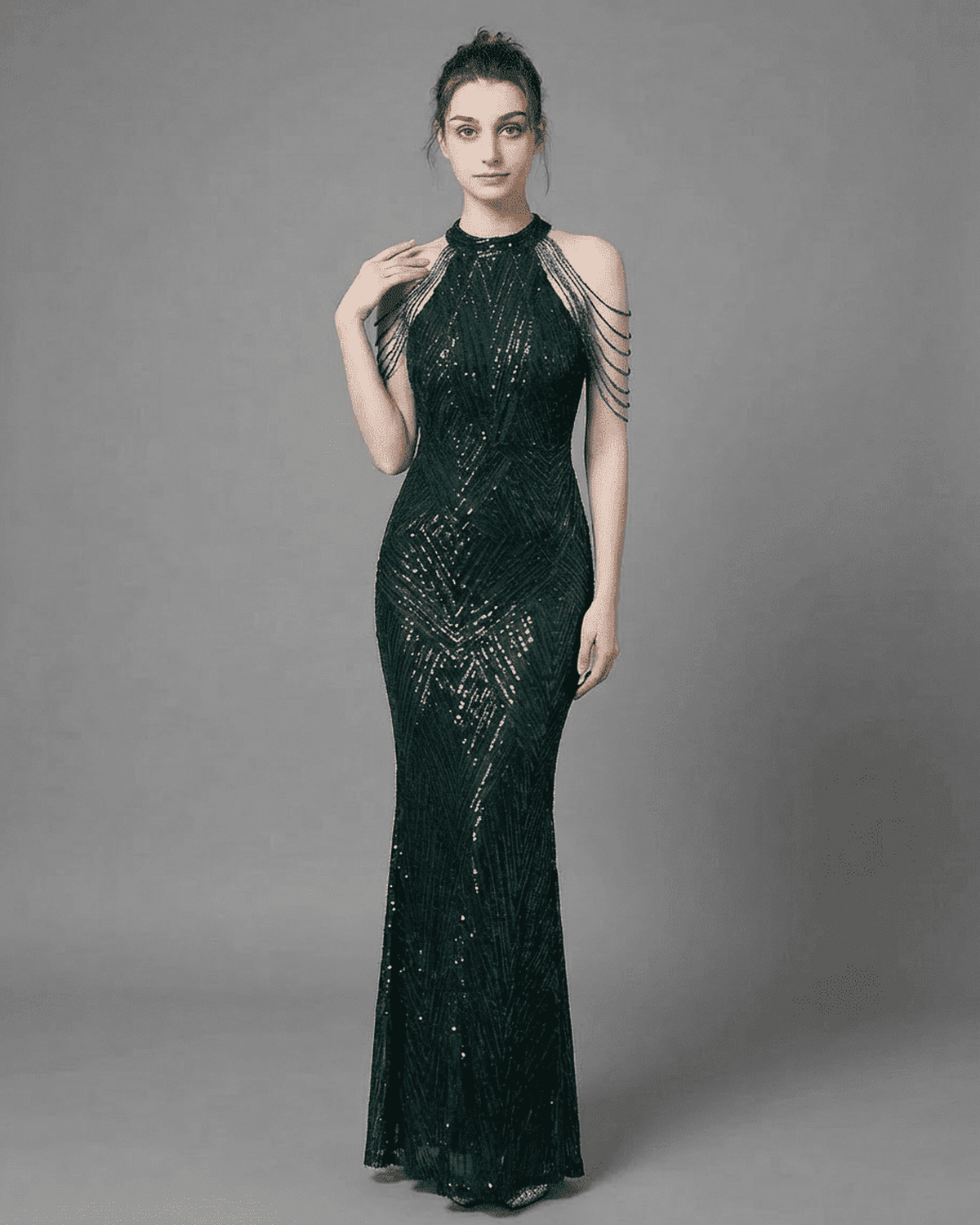 Emerald Maxi Dress by Lauven in rich green velvet with sequin details and halter neckline, showcasing sophisticated mermaid silhouette.