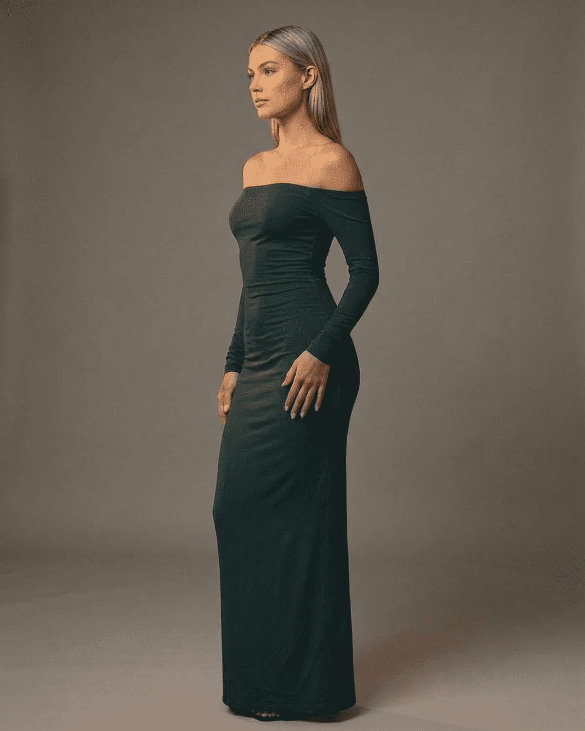 Emerald Maxi Dress by Lauven - Off-Shoulder Long Sleeve with a Slim Silhouette in Dark Green