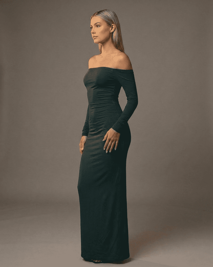 Emerald Maxi Dress by Lauven - Off-Shoulder Long Sleeve with a Slim Silhouette in Dark Green