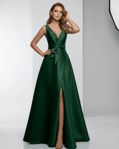 Emerald Maxi Dress - Satin A-Line V-Neck Floor-Length Evening Dress by Lauven, elegant design and luxurious feel.