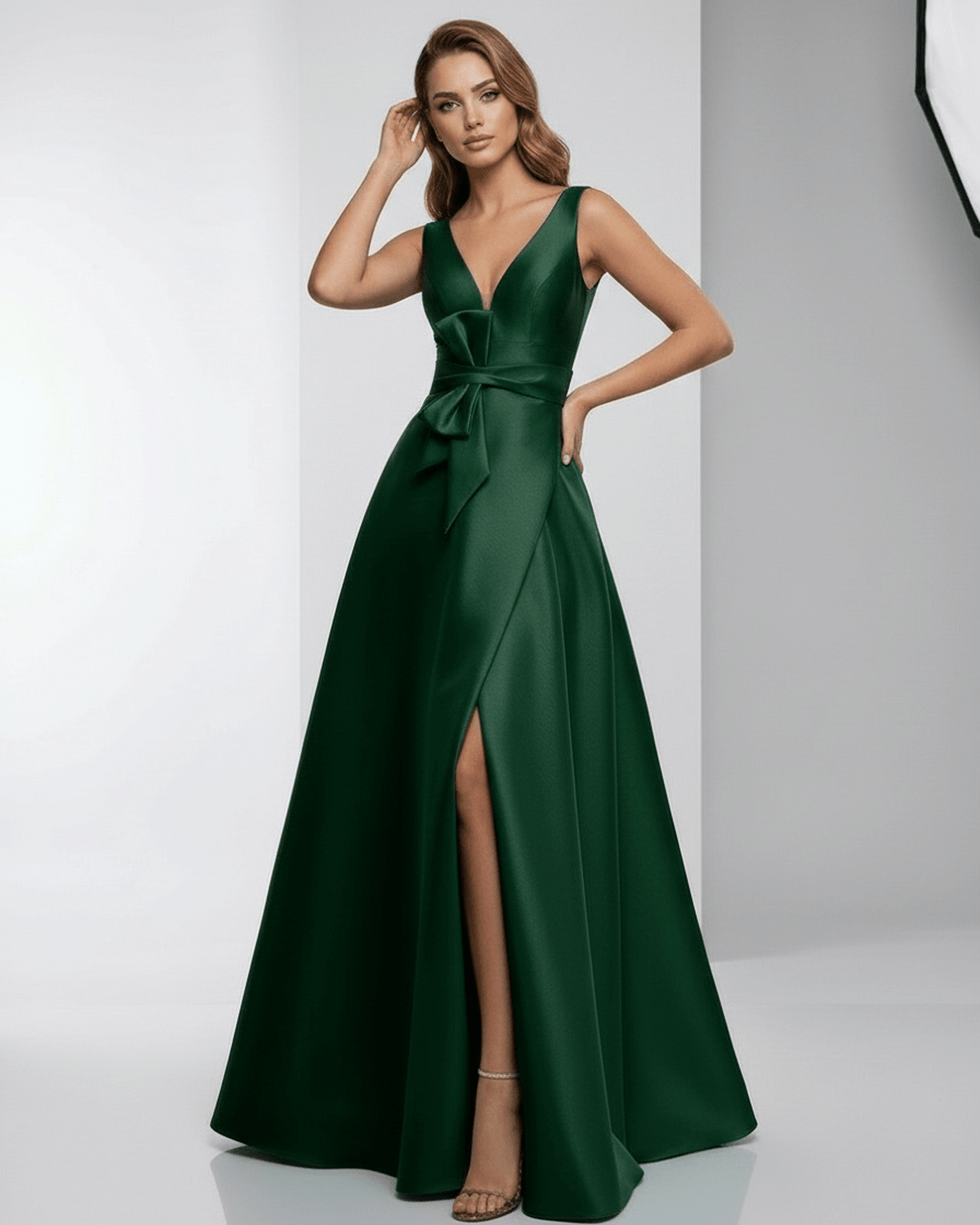 Emerald Maxi Dress featuring satin A-line silhouette, deep V-neck, elegant floor-length design by Lauven, ideal for special events.