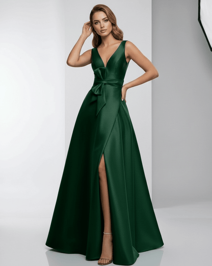 Emerald Maxi Dress featuring satin A-line silhouette, deep V-neck, elegant floor-length design by Lauven, ideal for special events.