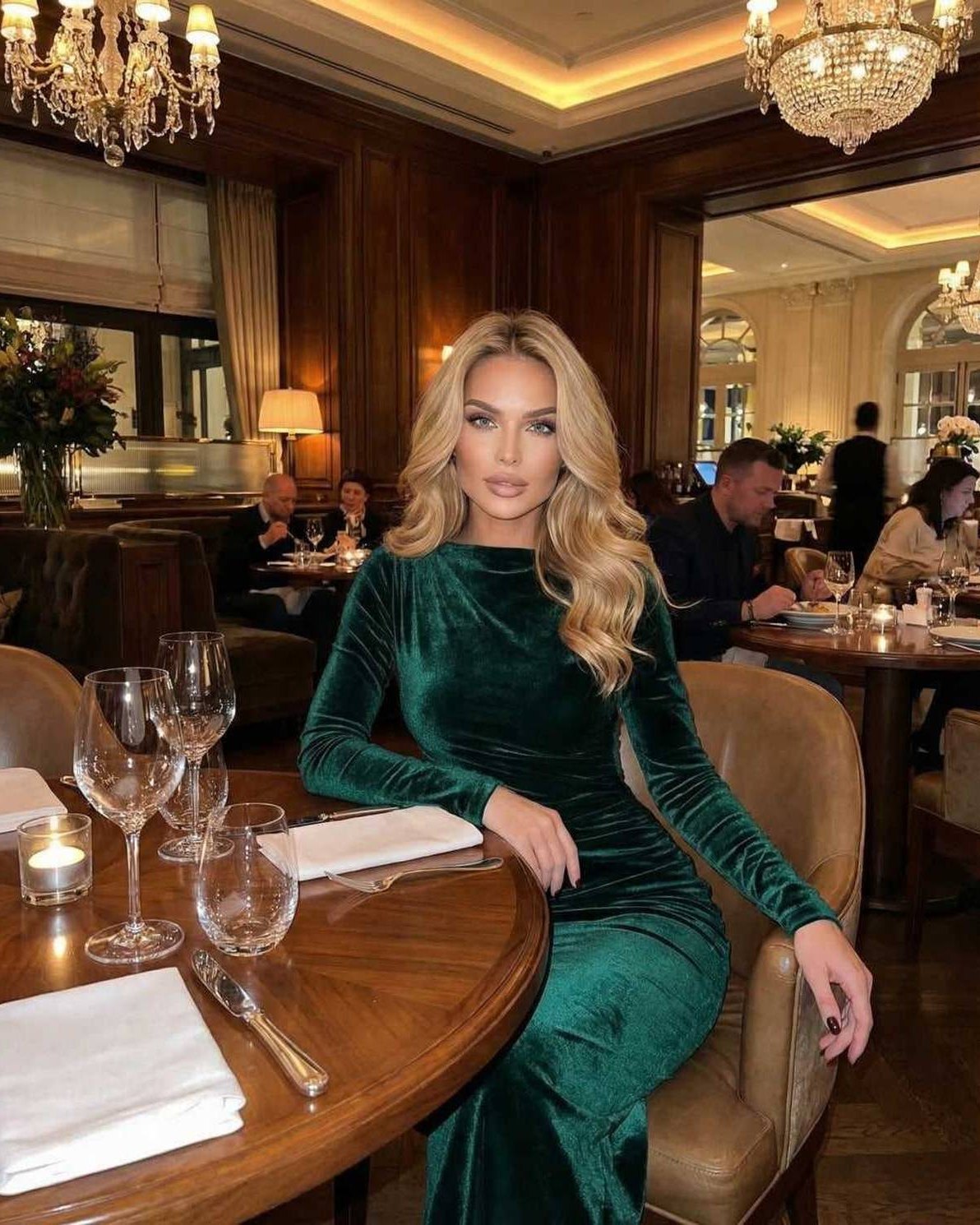 Emerald Midi Dress by Lauven featuring a luxurious emerald velvet fabric in a chic dining setting.