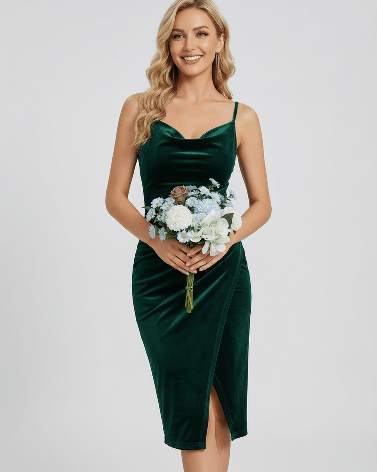 Emerald Mini Dress - Green Velvet Cowl Neck Sheath with Slit, perfect for elegant occasions, Lauven brand.