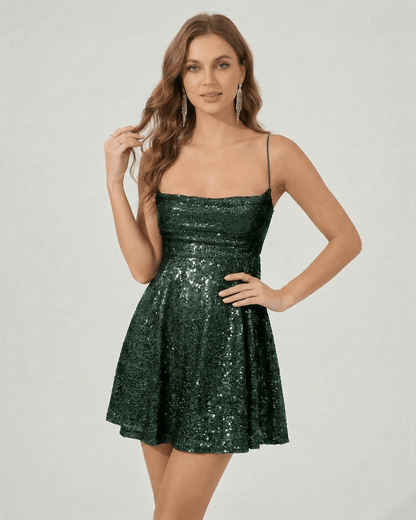 Emerald Mini Dress from Lauven, featuring sequins and a flattering A-line silhouette for a stylish look.
