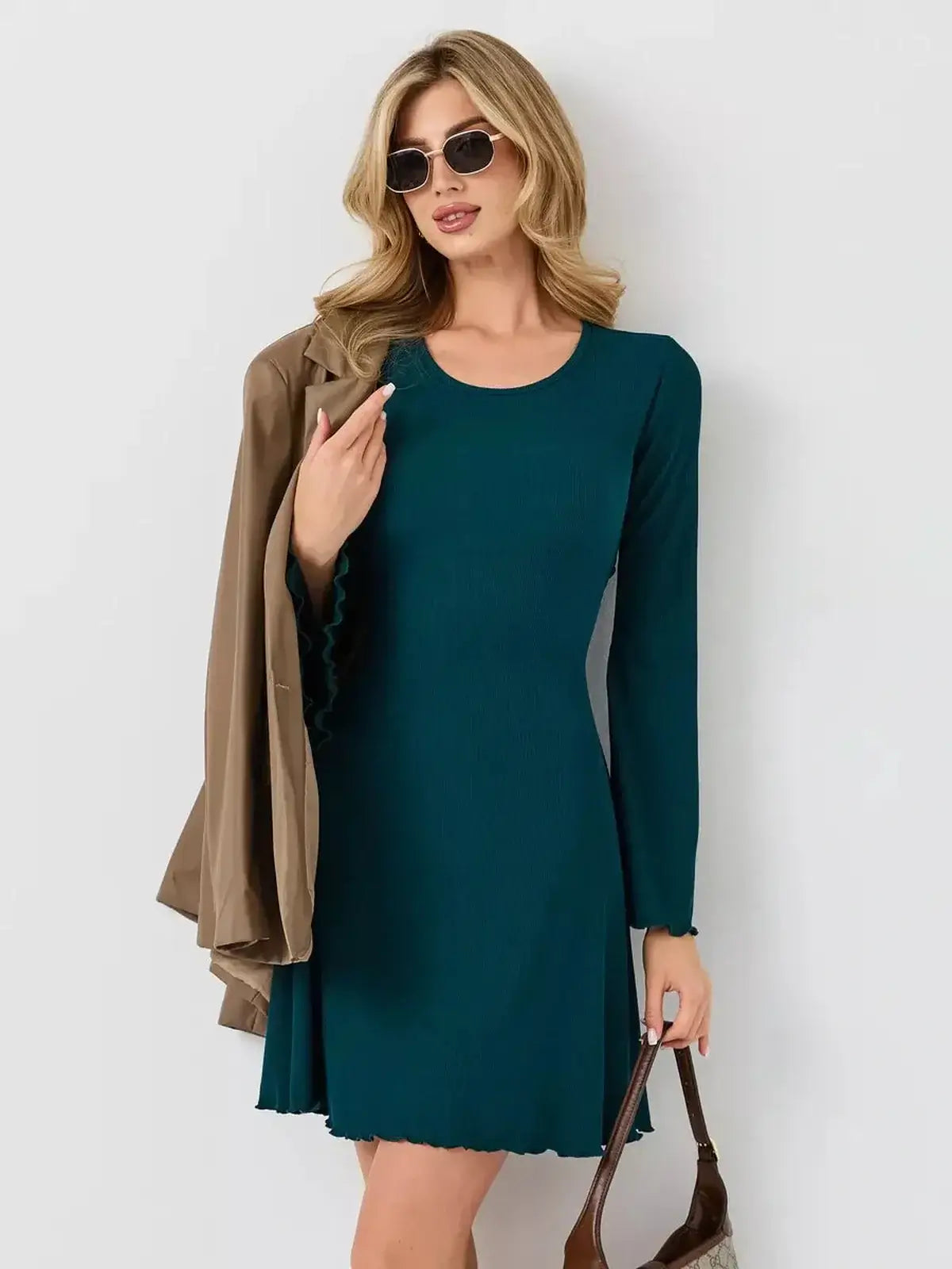 Emerald Whisper by Lauven, elegant emerald green mini dress with long sleeves and A-line silhouette.